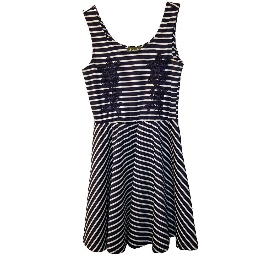 Maude Summer Dress Women M Blue White Striped Embroidered Nautical Sleeveless